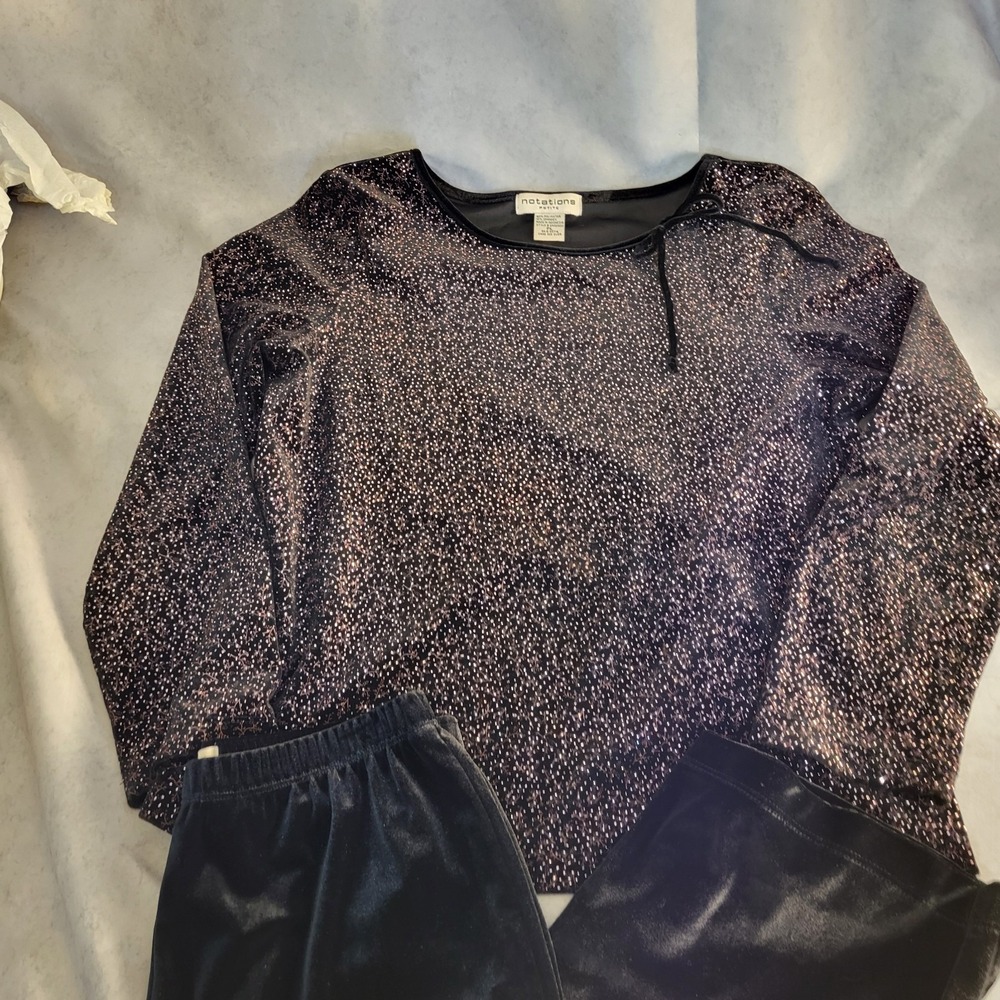 Vtg Notations Women's Black Velour Shimmering Floral Petite L Top/Med Pants